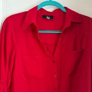Iz Byer Bright Red Button-Down Blouse with Chest Pockets